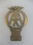 An AA car badge, 1911 type, stamped 297386, Sept 1920-Dec 1920, nickel.