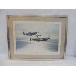 A framed and glazed Robert Taylor print depicting the Spitfire, Hurricane and Lancaster titled '