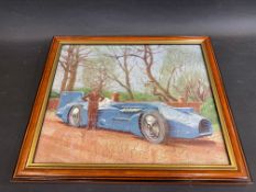 A framed and glazed puzzle of the world landspeed record breaking car, 'Bluebird' with Malcolm