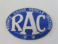 An RAC Private Goods Vehicle Section type 1 oval aluminium badge, 1949, rare as deemed flimsy and