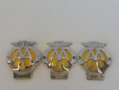 Three small chromed AA badges, circa late 1950s/1960s, all different versions including rear view