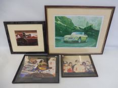 A framed and glazed photograph of Ayrton Senna, a print of Mike Hawthorn and a print of an Austin