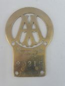 An early and rare AA Stenson Cooke motorcycle badge, produced 1907 onwards, nickel, number 20215 (