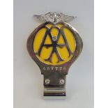 An early yellow back AA badge with centre screw, badge bar mounting, stamped 45777H, May 1934-
