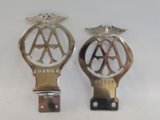 An AA car badge, stamped 03933, circa 1930, beginning of the re-numbering, chrome plated brass, plus
