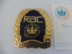 A cased RAC Queen's Golden Jubilee badge, produced 2002, brass and enamel no 368/1000, with