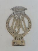 A Jersey Motor Association 2 car badge, 1930s-1948, chrome plated brass, stamped 2478.