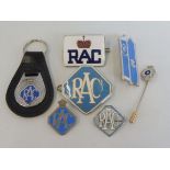 A selection of RAC lapel and other badges including one in the shape of a roadside box, also a tie