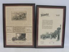 A framed and glazed Wolseley 'Fourteen' advertisement and a second for Wolseley Siddeley, the