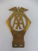 An AA Light Car type, brass badge, no. 156896, Nov. 1914 - Jan. 1919.