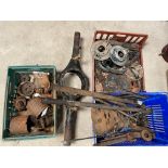 Three boxes of assorted parts including Morris, a repaired cylinder head and a rear axle casing