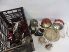 A crate of assorted lamps, lenses etc to include headlamp glasses.