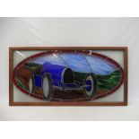 J. RAINEY - a stained glass panel showing a Bugatti Type 35, in a wooden frame, 47 1/2 x 23 1/2".