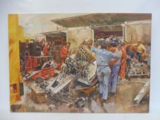 'Welding the T3', oil on canvas by Craig Warwick depicting mechanics welding the Ferrari 312 T3 at