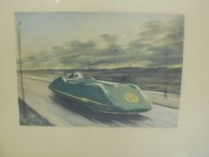 A framed and glazed colour illustration of the MG land speed record car, 15 1/2 x 13 1/2".