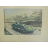 A framed and glazed colour illustration of the MG land speed record car, 15 1/2 x 13 1/2".