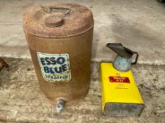 An EssoBlue paraffin five gallon can, an anti-freeze Bluecol measure and a Shell R37 oil can.