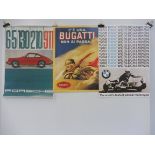 A BMW Archive 1999 reproduction poster, a second for Porsche and a third for Bugatti.