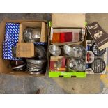 Two boxes of mostly new old stock sealed beam units, Wipac, Lucas etc, spot lamps and a Ford
