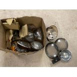 A box of lamps, sealed beam including VW Beetle lenses and shells.