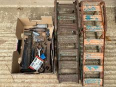 A box of tools including 'Snail' brand for commercial vehicles, plus a pair of early car ramps.