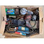 A box of tools and car parts.