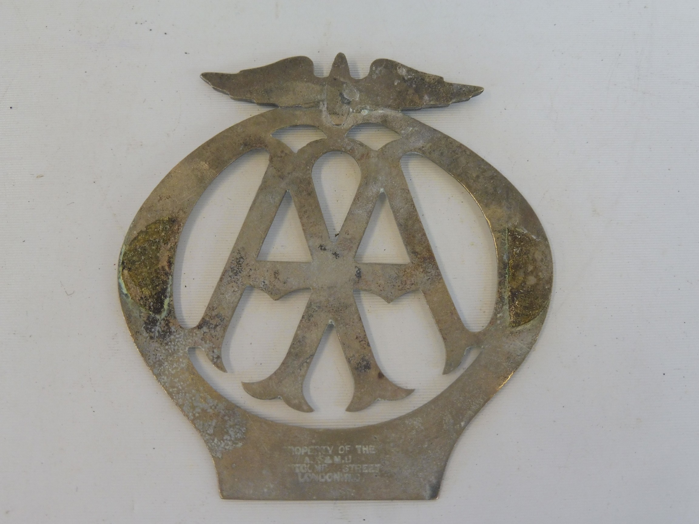 An unusually thin AA badge, possibly motorcycle, nickel, no. 718336. - Image 2 of 2