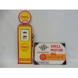 A contemporary tin Shell sign in the shape of a petrol pump, 10 x 32" plus a Shell Motor Oil branded