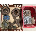 Two boxes of clutch and flywheel parts, some n.o.s.