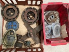 Two boxes of clutch and flywheel parts, some n.o.s.