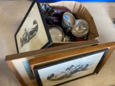 A quantity of old racing car prints, radios, lights etc.