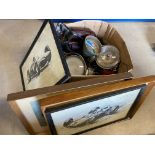 A quantity of old racing car prints, radios, lights etc.