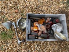 A box of lamps, lenses and parts including a Lucas FT37 spotlamp.