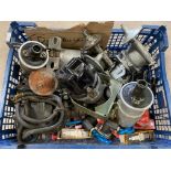 A tray of electrical fittings including distributors, coils etc, some n.o.s.