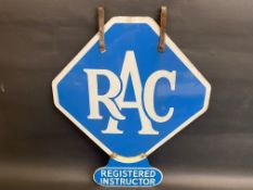 An RAC lozenge shaped double sided enamel sign with hanging hooks and a 'Registered Instructor'