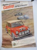 A period Castrol advertising poster showing a Mini Cooper 'S' rally car and two early racers on