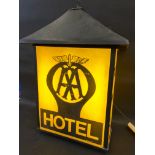 An AA Hotel illuminated hanging lightbox of plastic construction, 23" wide x 30" high (excluding