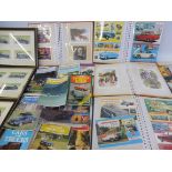 A box of old car Shire books, car postcard albums plus three framed pictures of various late 1930s