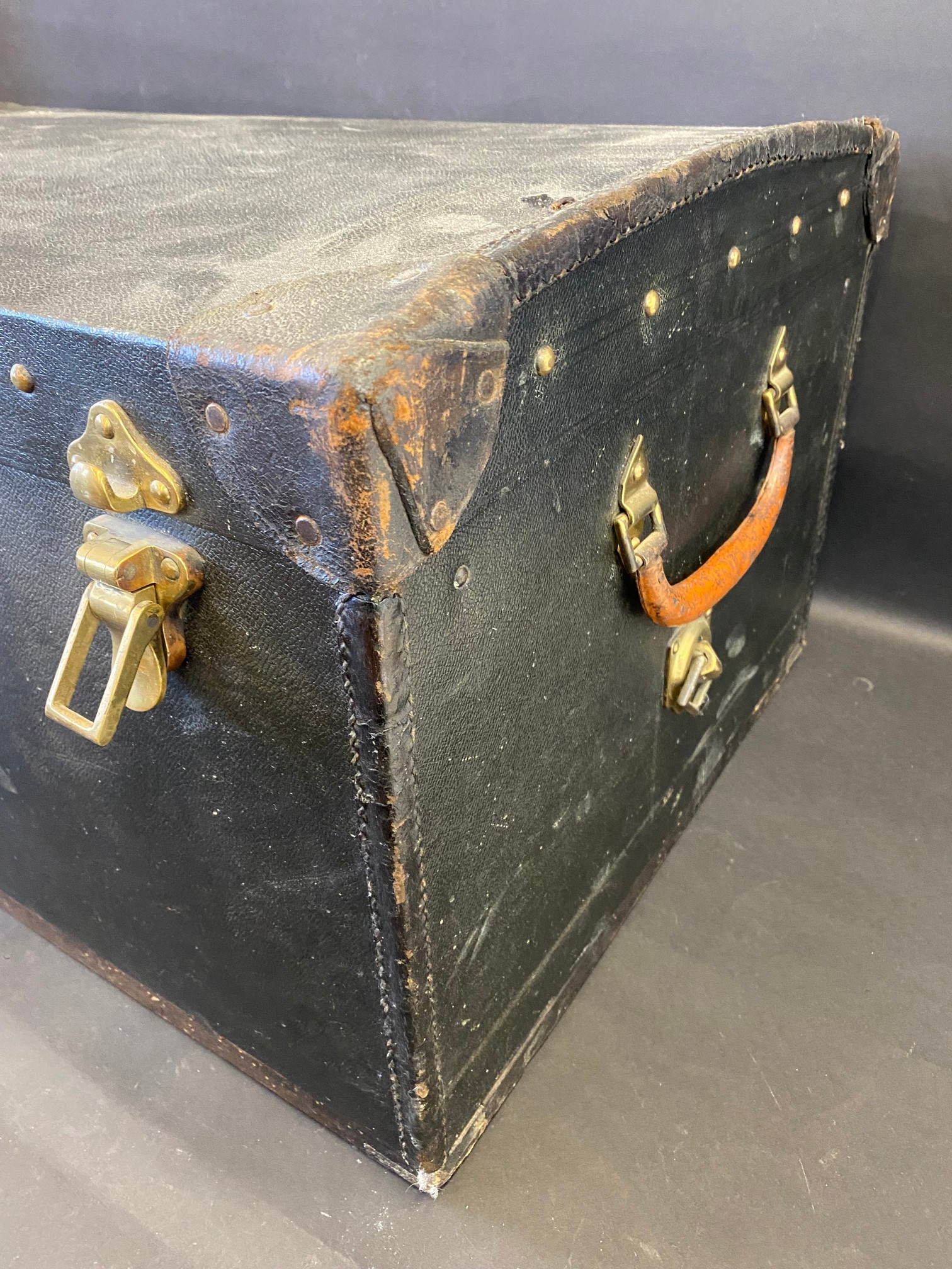 A Brooks trunk, with a shallow domed rising lid, and lift up inner lid, 32" w x 14" h x 18" d. - Image 2 of 6