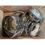 A box of mostly Mini/BMC headlamp rims etc, appear n.o.s.