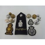 A selection of RAC buttons plus various embroidered insignia, plus a 'Chief Officer' lapel with