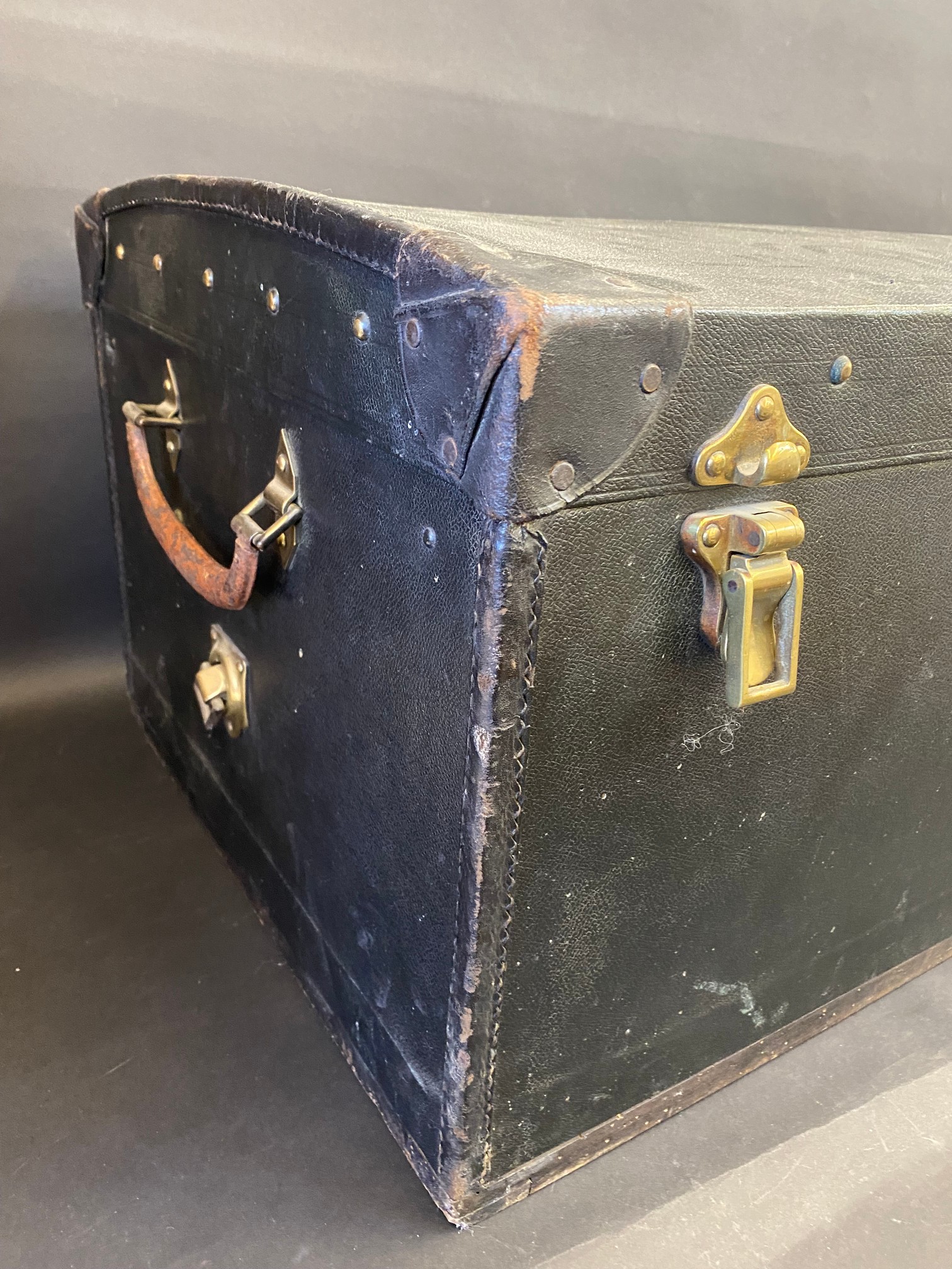 A Brooks trunk, with a shallow domed rising lid, and lift up inner lid, 32" w x 14" h x 18" d. - Image 3 of 6