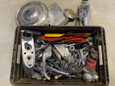 A box of mostly Morris Minor chrome bonnet/boot hinges, mascot etc.