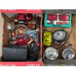 Two boxes of assorted lamps and lenses including spot lamps, a fog lamp, Wipac set of lights etc.