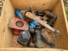 A box of jacks and various mechanical parts, plus three boxes of assorted later car parts.