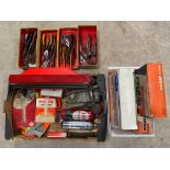 A box of motoring accessories including an anti-freeze tester on original card of issue, small