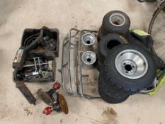 Assorted Go Kart spares including tyres, wheels, crash bars, front axles and discs etc.