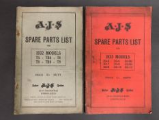 Two copies of an AJS Spare Parts List, one for 1932 models the other for 1933.