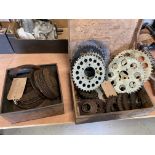 Assorted clutch plates, mostly BSA and Triumph, plus engine and rear wheel sprockets.