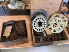 Assorted clutch plates, mostly BSA and Triumph, plus engine and rear wheel sprockets.